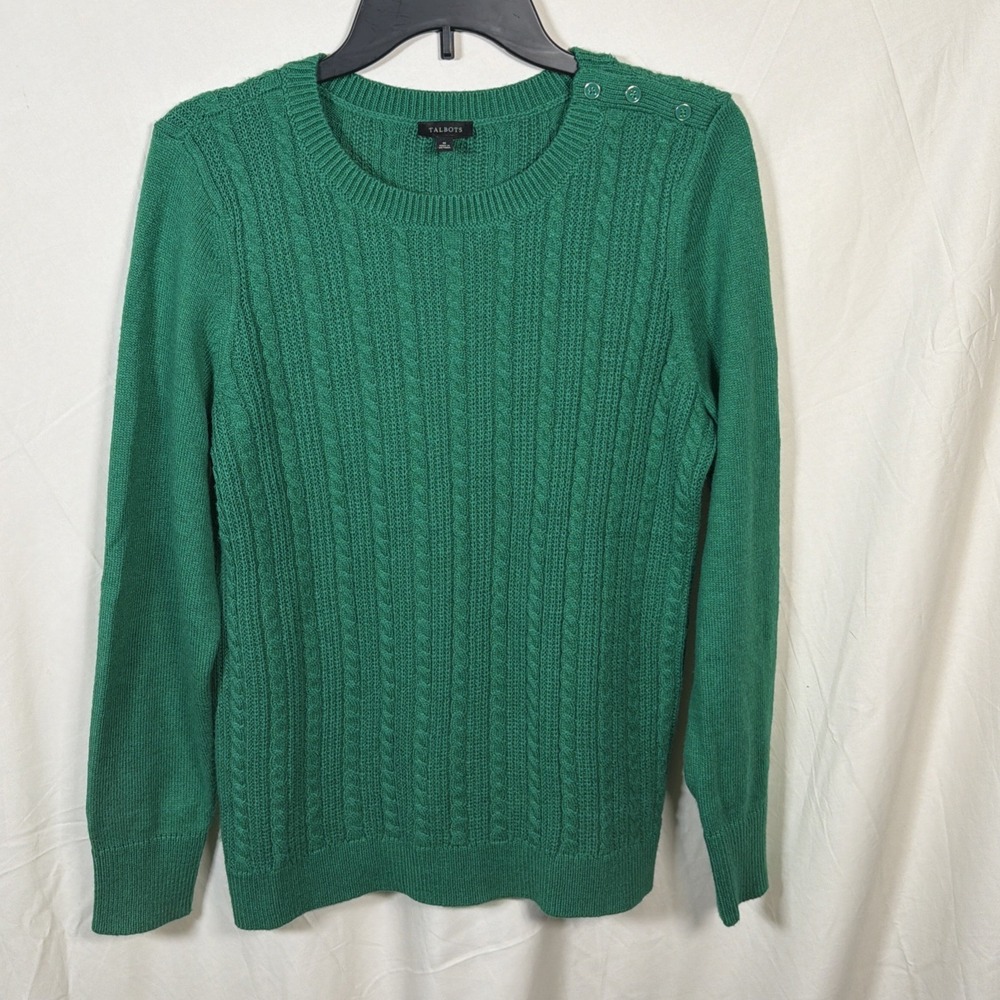 Talbots‎ Womens Medium Green Cable Knit Sweater Crewneck Button Shoulder
